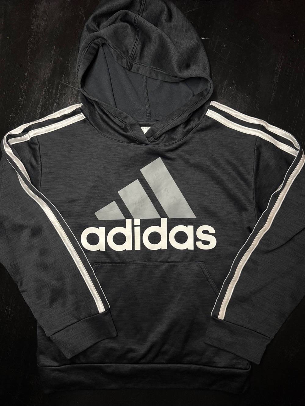 adidas Black Hoodie with White Logo and Stripes - Kids